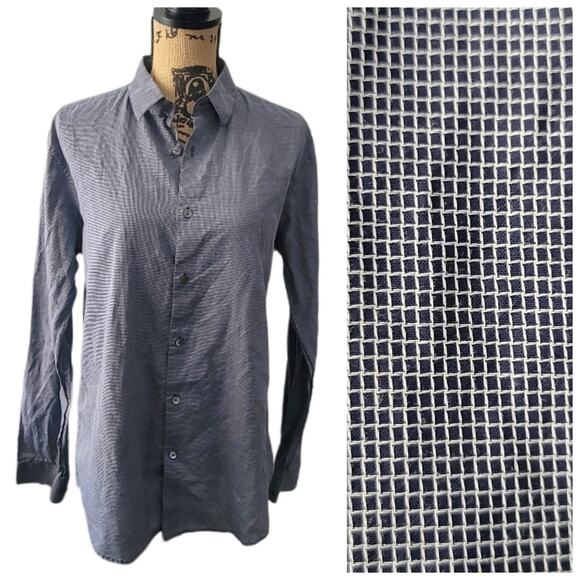 Large Theory micro plaid navy blue and white button down collared shirt - Picture 1 of 6